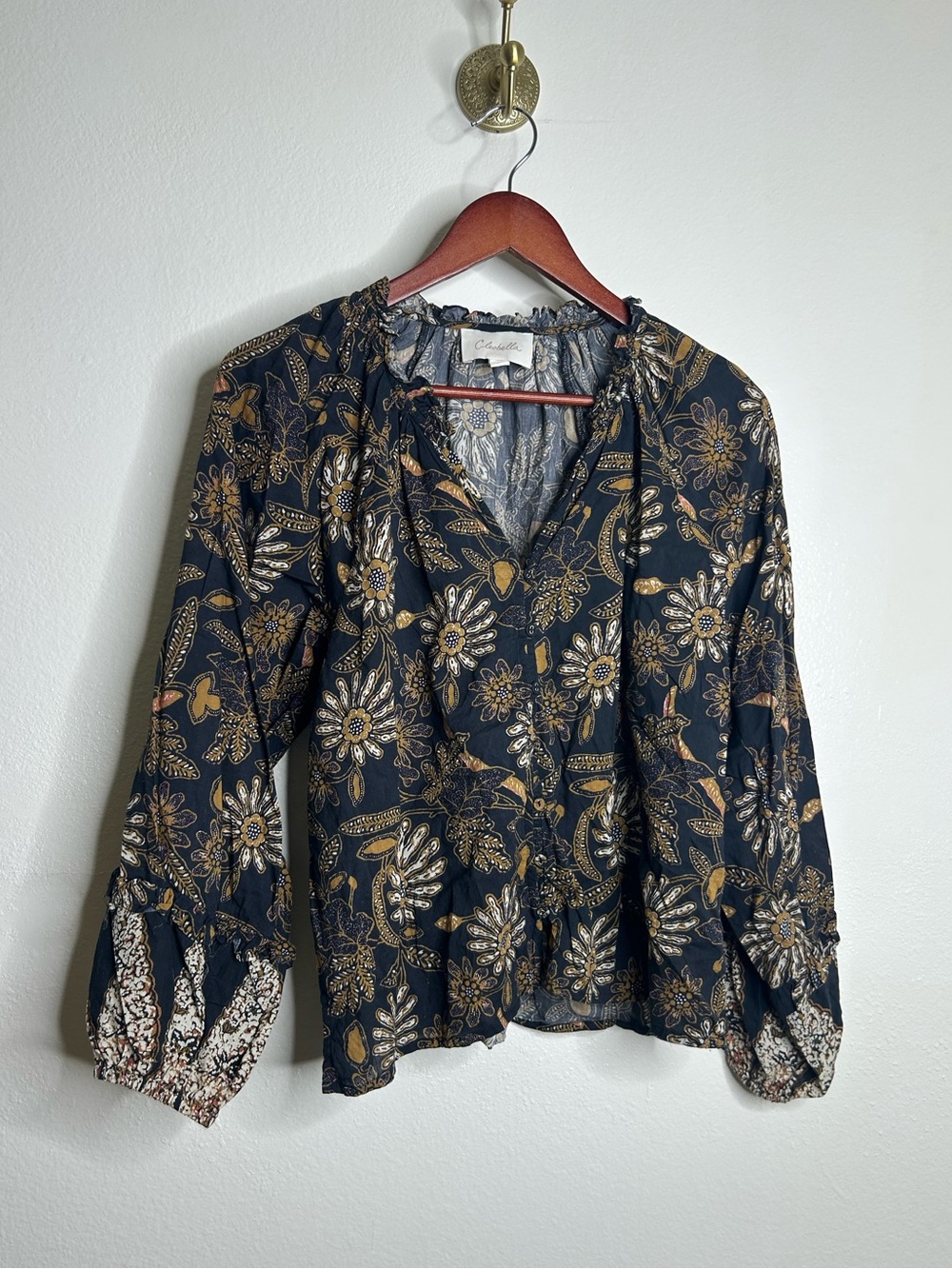 Cleobella Neutral Floral Button Down Lightweight Cotton Blouse Size Small